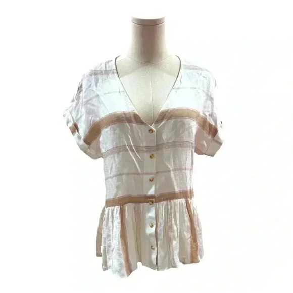 Blu Pepper Striped Peplum Button Up Top Neutral Boho Small NWT - Picture 1 of 1